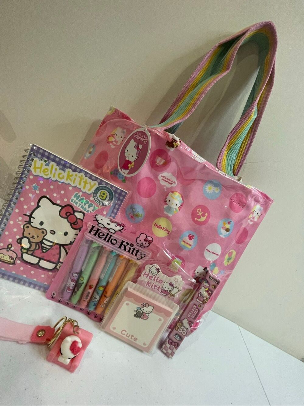 Sanrio Hello Kitty licensed tote bag with spiral notebook, pen, keychain, memo p